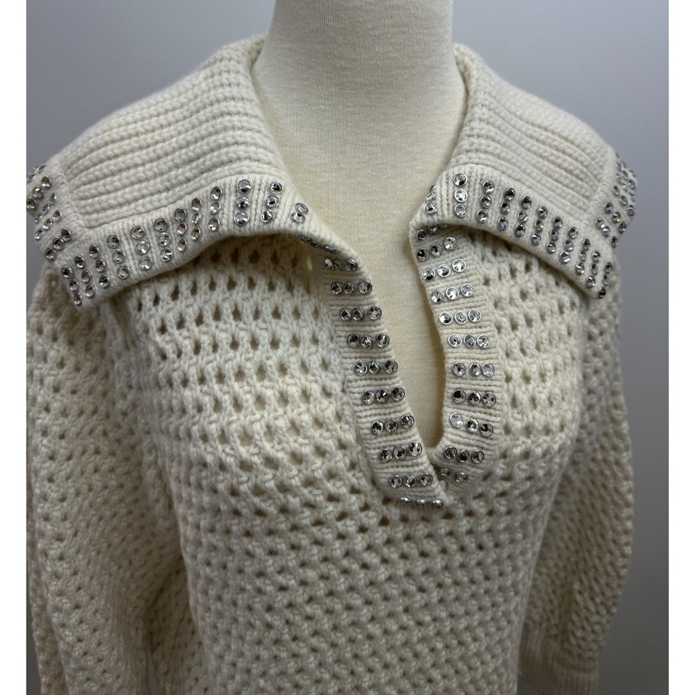 SANDRO Ursule Open Knit Sweater Chunky Pullover Rhinestone Wool Size 2 US M 6 - Picture 5 of 16